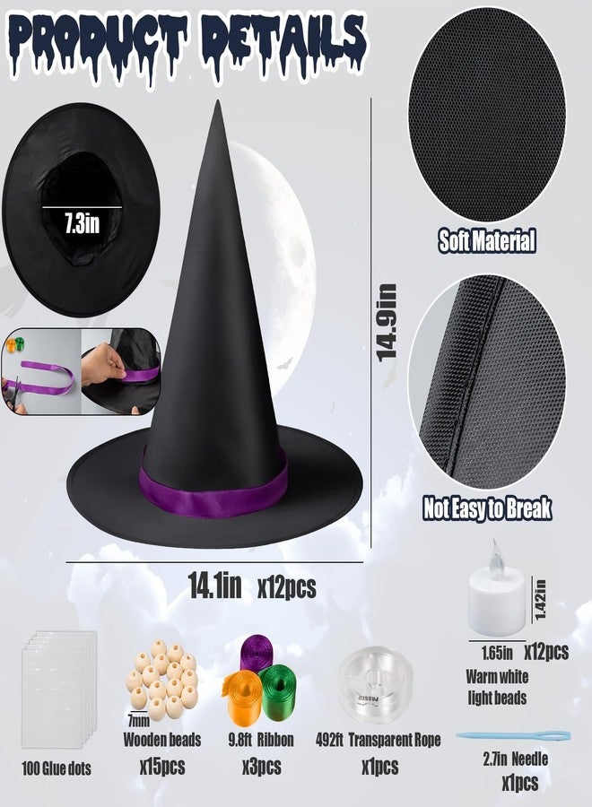 VABAMNA 72Pack Halloween Black Witch Hats Bats Decorations Indoor Set, with Glow LED Candles Black Creepy Cloth, 3D Bats Wall Stickers for Halloween Party Supplies Wall Porch Home Decor - Image 5