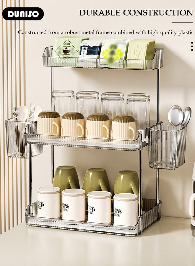 DUNISO 3 Tier Cup Drying Rack with Drain Tray, Countertop Mug Holder with Hooks, Bathroom Cup Storage Shelf with Basket, Multi-Functional Kitchen Storage Organizer Shelf for Glasses, Tumbler, Teacups  - Image 5