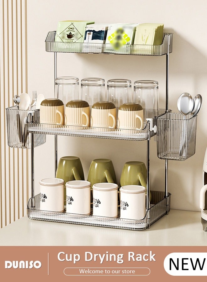 DUNISO 3 Tier Cup Drying Rack with Drain Tray, Countertop Mug Holder with Hooks, Bathroom Cup Storage Shelf with Basket, Multi-Functional Kitchen Storage Organizer Shelf for Glasses, Tumbler, Teacups  - Image 1