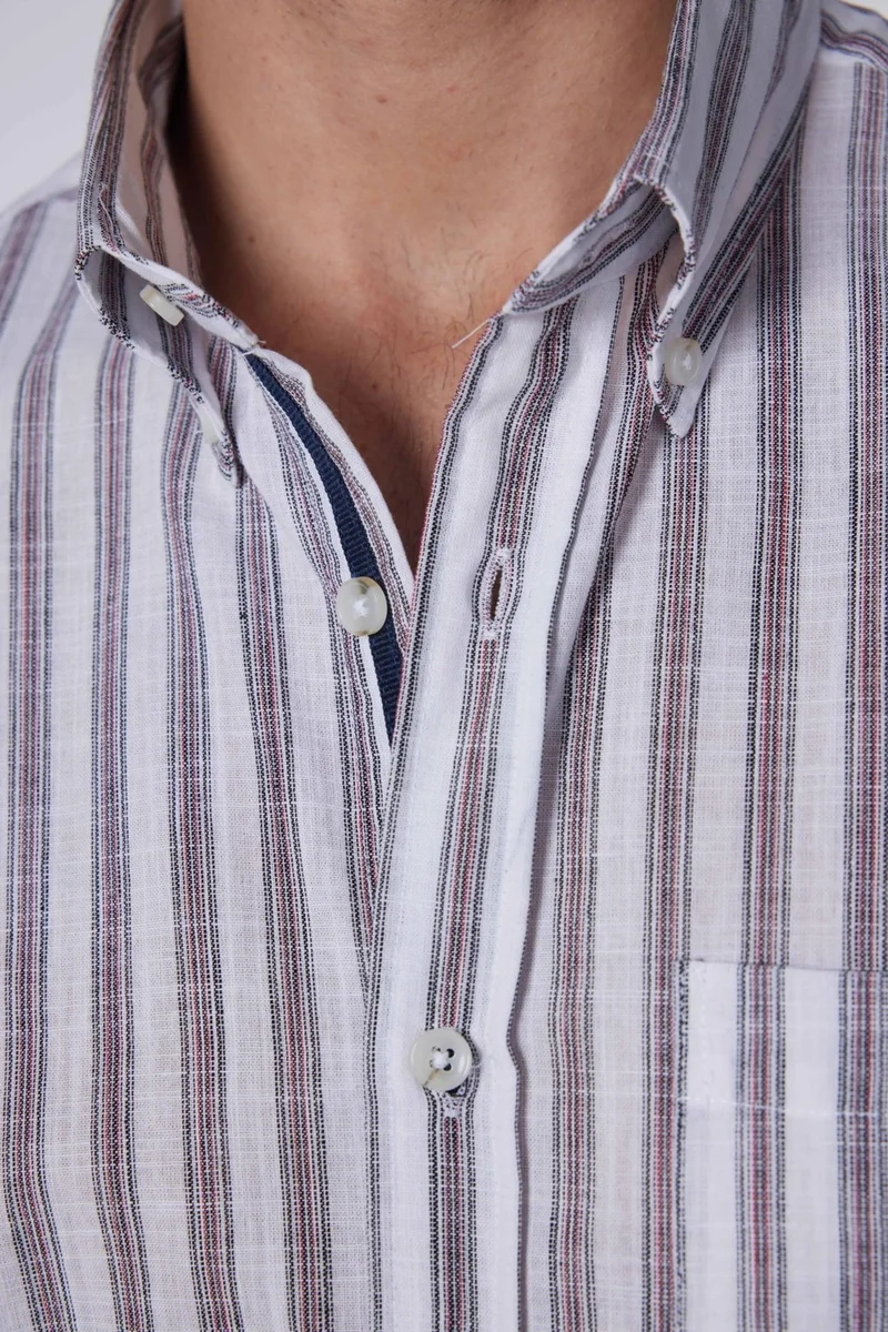 تودورس Men's Classic Fit Regular Cut Short Sleeve 100% Cotton Linen Texture Single Pocket Striped Button-down Collar Shirt