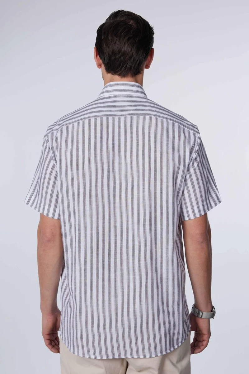 تودورس Men's Classic Fit Regular Cut Short Sleeve 100% Cotton Linen Texture Single Pocket Striped Button-down Collar Shirt