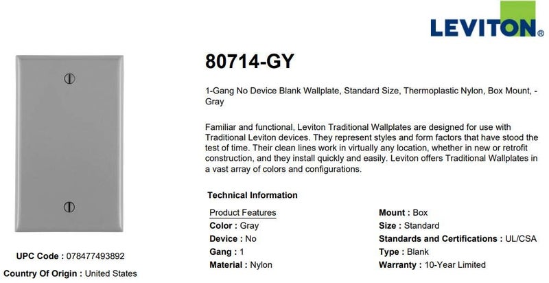 Leviton 1-Gang Blank Wallplate, Midway Size, PJ13-GY, Gray - Image 2