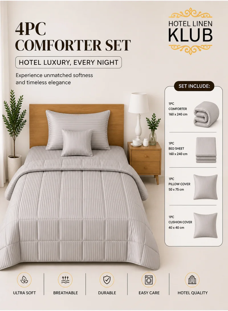 Hotel Linen Klub Hotel Linen Klub Single Comforter Set - 4 Pieces, Luxurious 100% Cotton with 250 Thread Count Sateen, Stylish Classic Stripe Pattern - Soft Microfiber Filling, Size: 160 x 240 cm, Stone