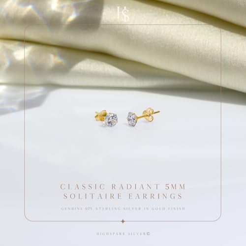 HIGHSPARK 925 Silver Solitaire Stud Earrings in Gold Finish| 92.5 Sterling Silver & Round Brilliant Cubic Zirconia Tops for Men Women Boys & Girls | Gold 5mm - Image 3