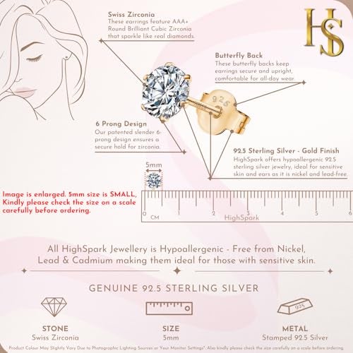 HIGHSPARK 925 Silver Solitaire Stud Earrings in Gold Finish| 92.5 Sterling Silver & Round Brilliant Cubic Zirconia Tops for Men Women Boys & Girls | Gold 5mm - Image 2