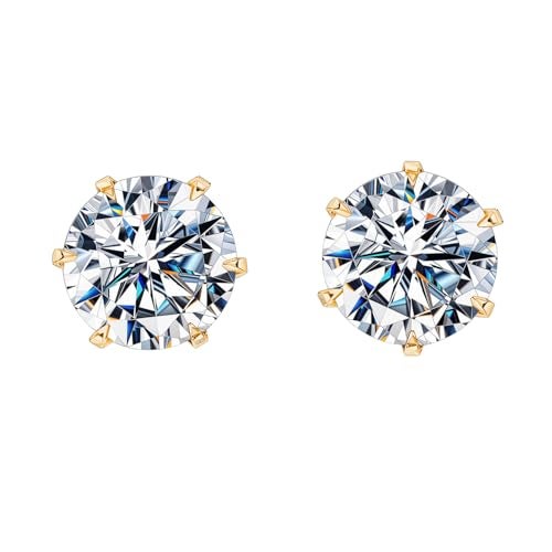 HIGHSPARK 925 Silver Solitaire Stud Earrings in Gold Finish| 92.5 Sterling Silver & Round Brilliant Cubic Zirconia Tops for Men Women Boys & Girls | Gold 5mm - Image 1