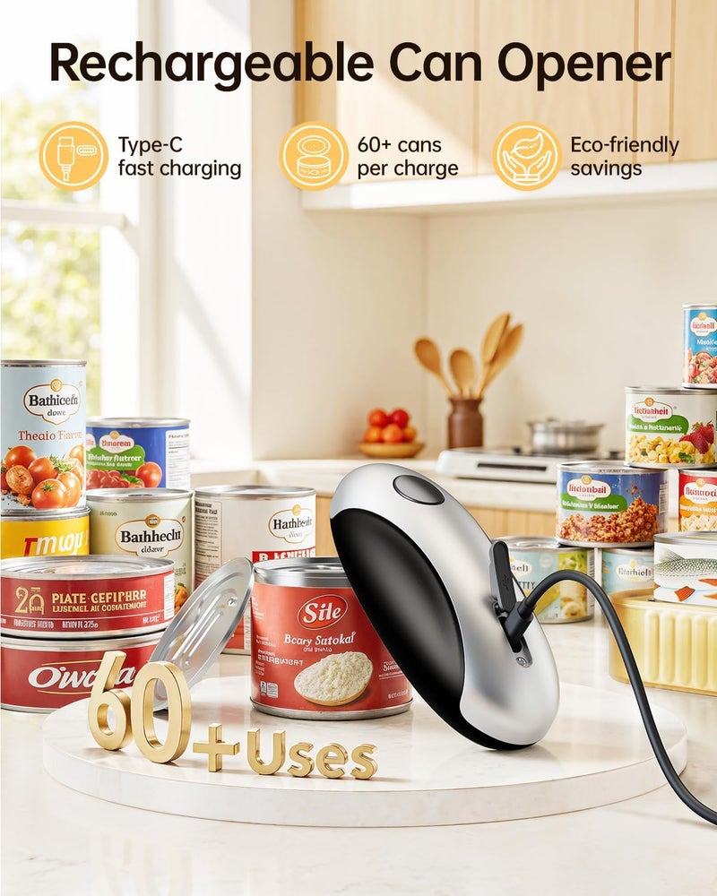 HouseSapp Rechargeable Electric Can Opener - Smooth Edge, One-Touch Automatic Can Opener for Seniors & Arthritis, Hands-Free Can Openers for Kitchen, Type-C Fast Charge, Compact Portable Can Openers - Image 2