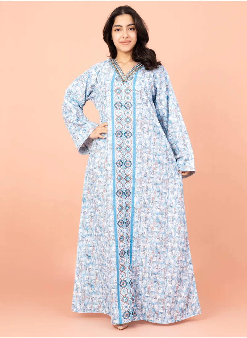 IKKXA Modern Embroidery Jalabiya IN040 Blue