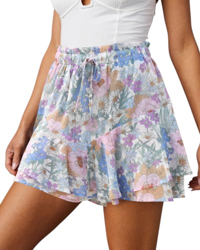 Aoudery Flowy Shorts for Women Casual Boho Floral Skorts Ruffle Mini Skirts Running Tennis Butterfly Chiffon Shorts - Floral Pink S - Image 1