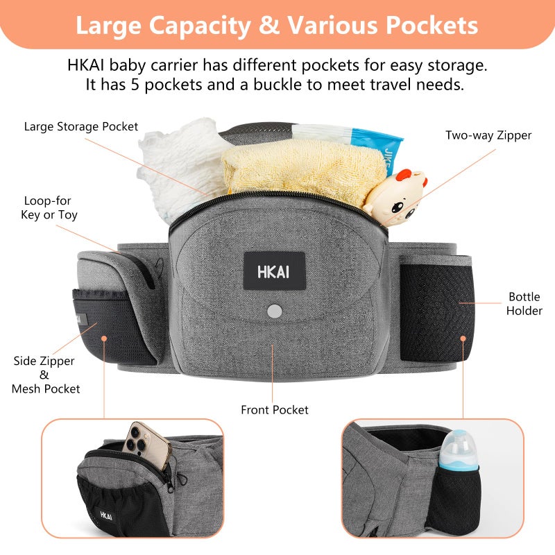 HKAI Baby Hip Carrier, Mom’s Choice Award Winner, Baby Carrier with Adjustable Waistband & Breathable Mesh, Ergonomic Carrier with Non-Slip Hip Seat Surface for Newborns & Toddlers, (Grey) - Image 2