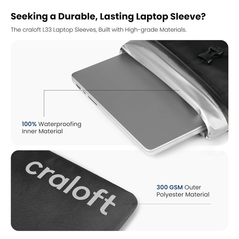 CRALOFT Waterproof Laptop Sleeve Cover Bag for 16 Inch MacBook Pro - Slim Protective Case with 8mm Shockproof Padding & Soft Inner Lining, for MacBook, Dell, Lenovo, HP & More - Office & Travel Use - Image 3
