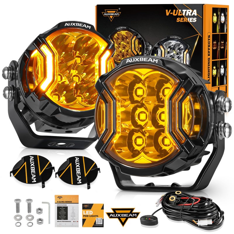 Auxbeam VUltra Series 3 Inch 108W LED Round Pods 3 Modes Offroad Driving Side Shooter Light with Amber DRL 270 UltraWide Amber Cube Universal Spotlights with Covers  DT Plug Wiring Harness