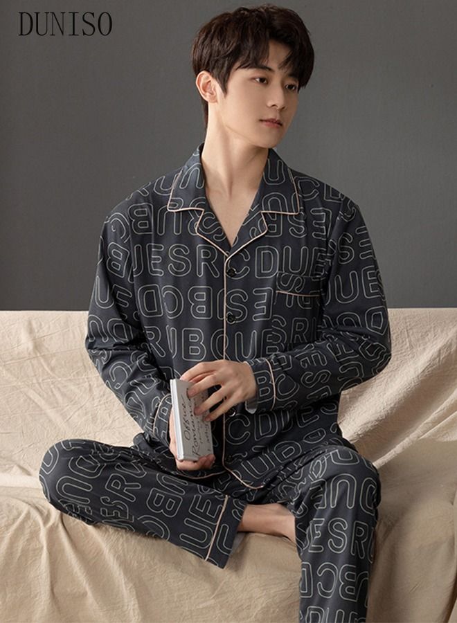 DUNISO 2-piece Men' s Pajama Set Cotton Long Sleeve Sleepwear with Button Classic Loungewear Nightwear Notch Neck Shirt and Waist Elastic Pants Pajama for Men Teenagers - Image 3