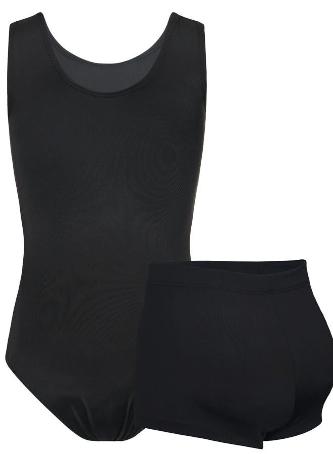 TENVDA Girls Gymnastics Leotards Size 10-12 Years Old Solid Black Sleeveless Tumbling Outfit Bodysuit Matching Shorts Sets - Image 2