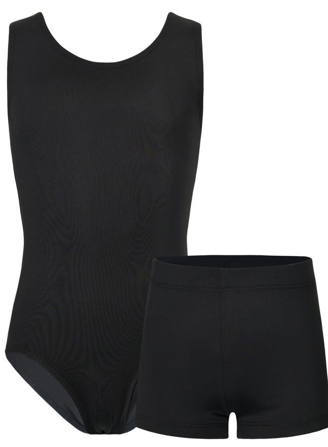 TENVDA Girls Gymnastics Leotards Size 10-12 Years Old Solid Black Sleeveless Tumbling Outfit Bodysuit Matching Shorts Sets - Image 1