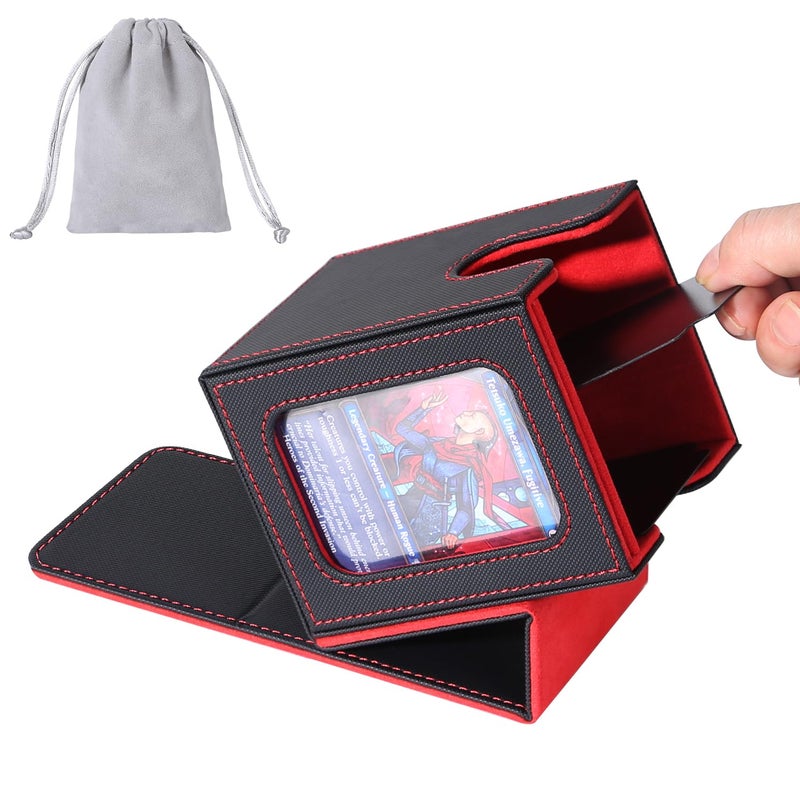 AFIING MTG Deck Box for Commander DisplayCard Deck Box Fits 100 Double Sleeved Cards Magic Commander TCG Card Storage Box with 2 DividersDrawstring Bag and 1 ToploaderBlackRed - Image 2