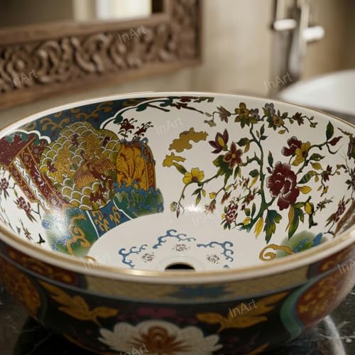 inart حوض غسيل مغربي سيراميكي من إن آرت | حوض سطح الطاولة للحمام | حوض غسيل على الطاولة | حوض فني مصمم للحمام/المنزل/المكتب/الفنادق | 42 × 42 × 14 سم متعدد الألوان مزخرف بالزهور - Image 5