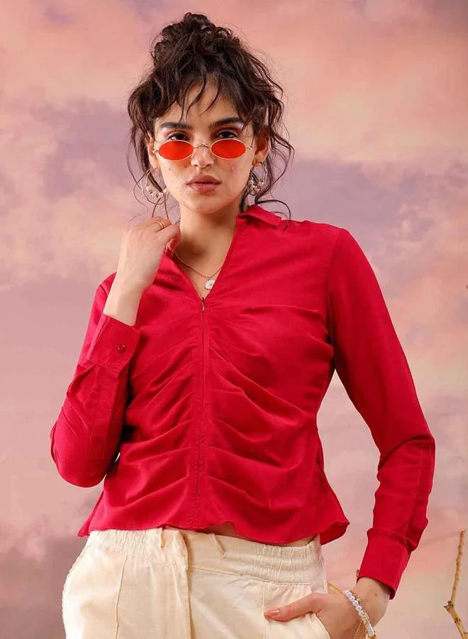 Freehand Freehand Women Red Regular Fit Top with Zip Closure