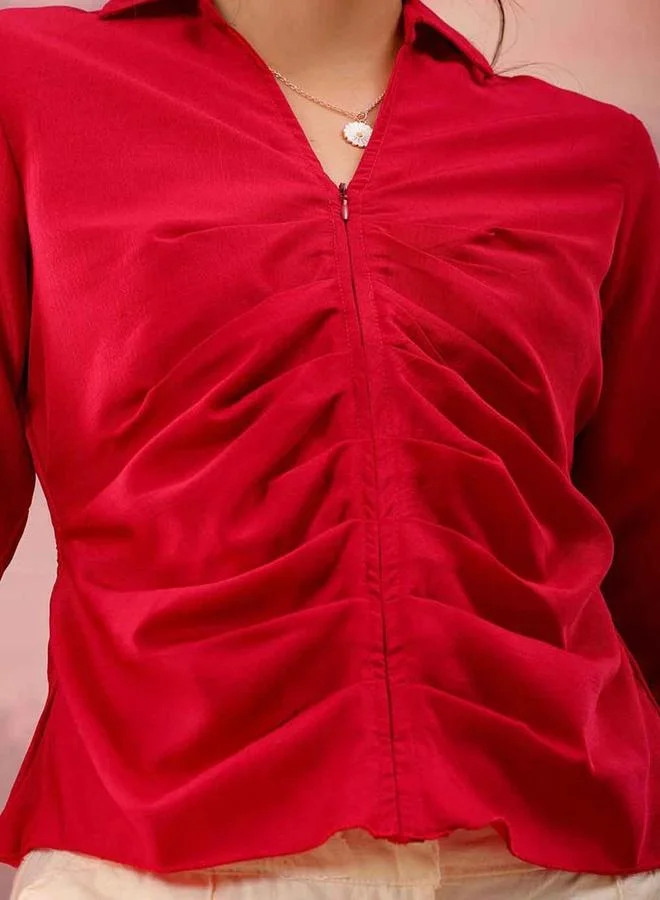 Freehand Freehand Women Red Regular Fit Top with Zip Closure