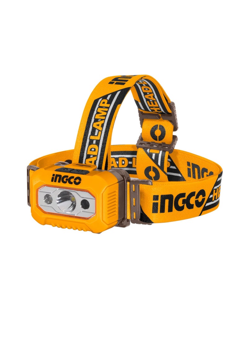 INGCO LED Headlamp, Black and Orange, 200 Lumens, IPX4 Water Resistant, 91m Beam Distance, 3AAA Battery Powered, Model : HHL013AAA8  - Image 1