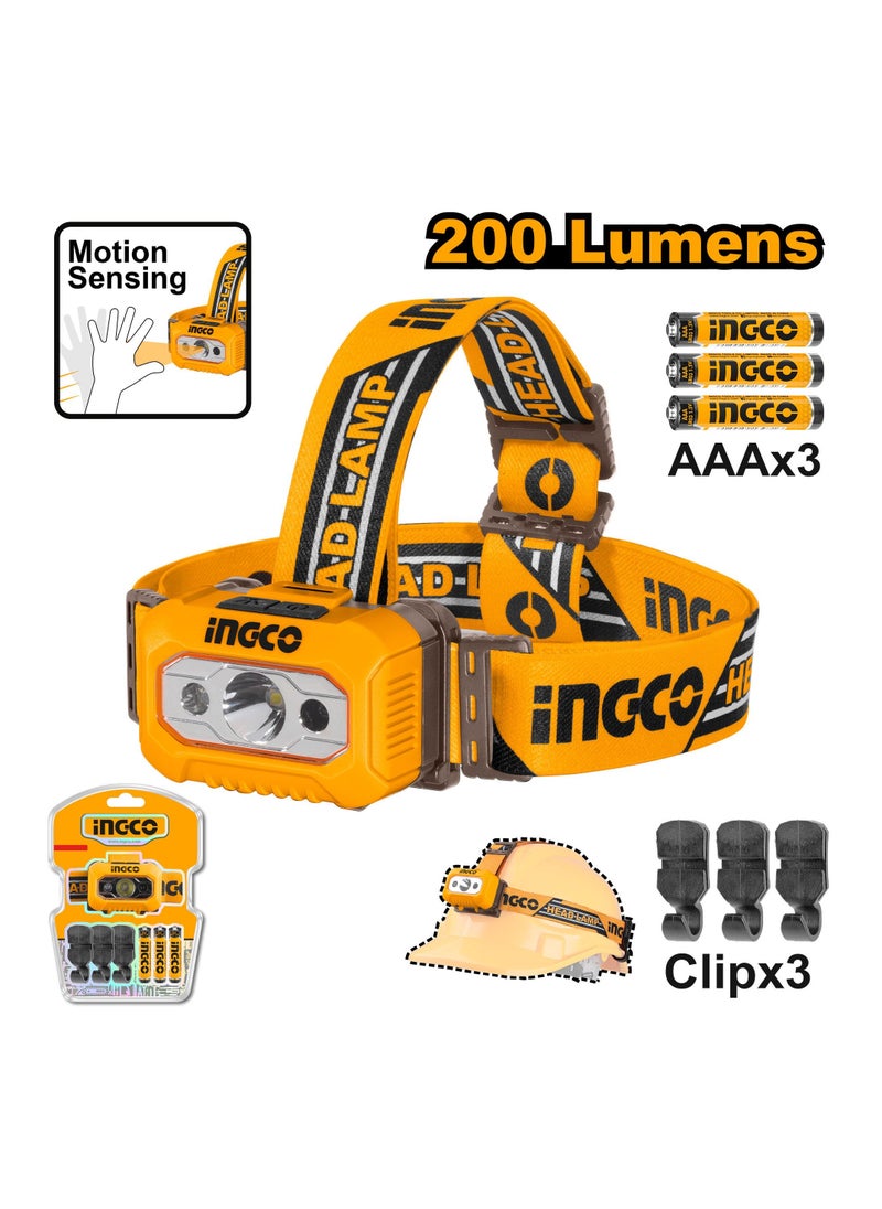 INGCO LED Headlamp, Black and Orange, 200 Lumens, IPX4 Water Resistant, 91m Beam Distance, 3AAA Battery Powered, Model : HHL013AAA8  - Image 2