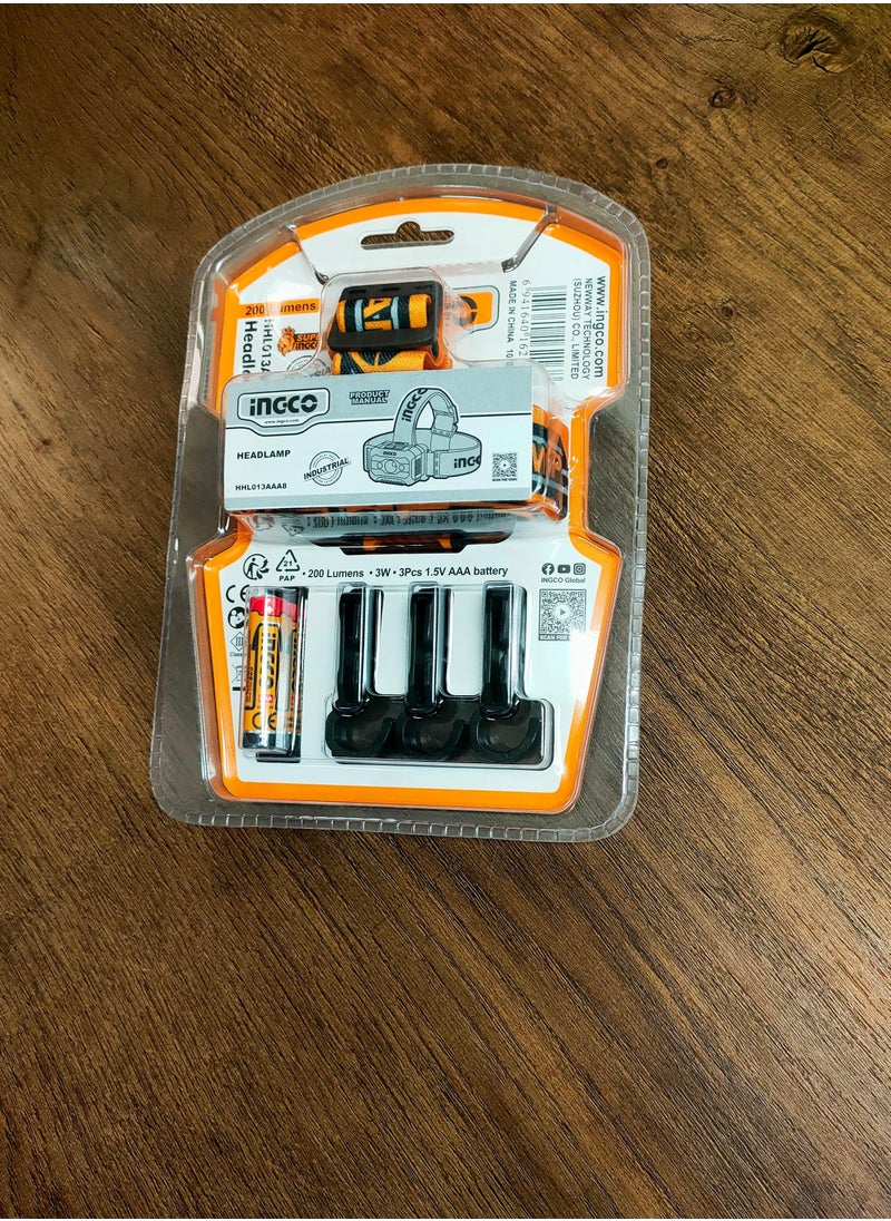 INGCO LED Headlamp, Black and Orange, 200 Lumens, IPX4 Water Resistant, 91m Beam Distance, 3AAA Battery Powered, Model : HHL013AAA8  - Image 4