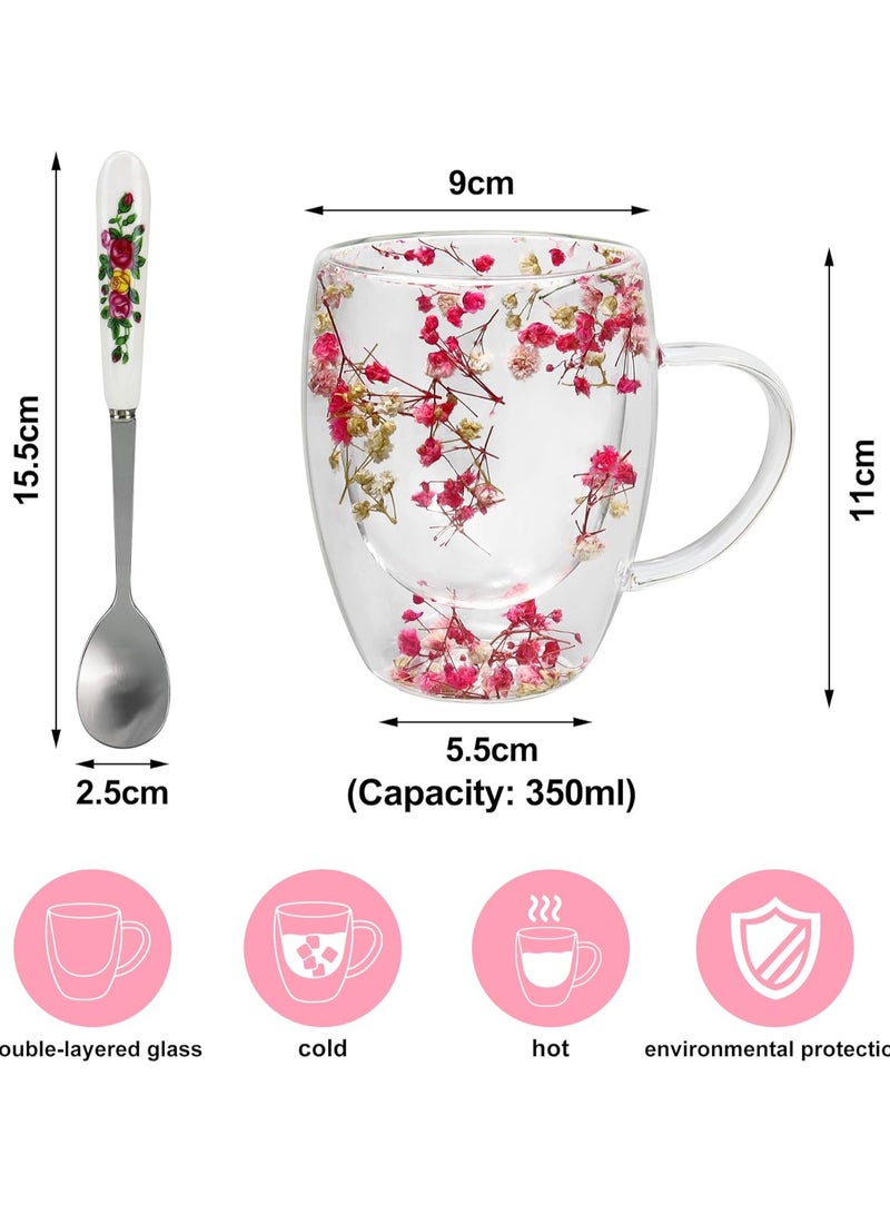 Double Walled Coffee Cups 350ml - Borosilicate Glass Mugs with Real Dry Flowers, Insulated Tea and Coffee Cups, Gift Set for Holiday and Valentine's Day (Multi-1) - Image 5