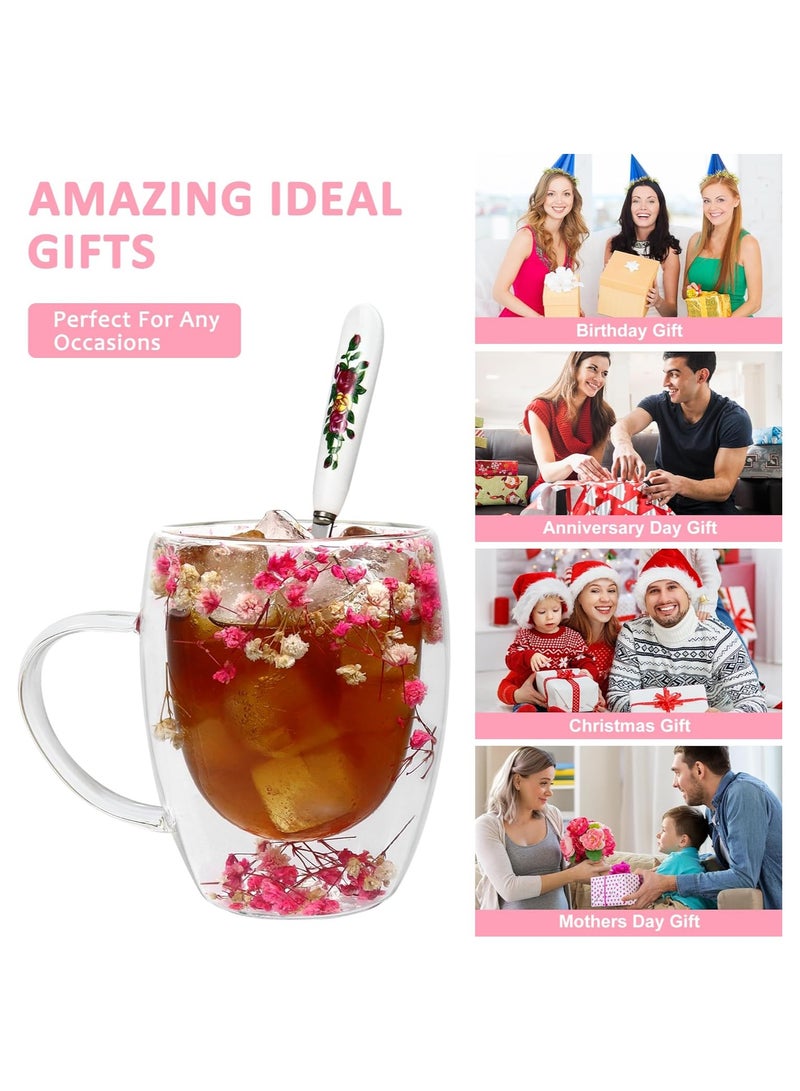 Double Walled Coffee Cups 350ml - Borosilicate Glass Mugs with Real Dry Flowers, Insulated Tea and Coffee Cups, Gift Set for Holiday and Valentine's Day (Multi-1) - Image 4