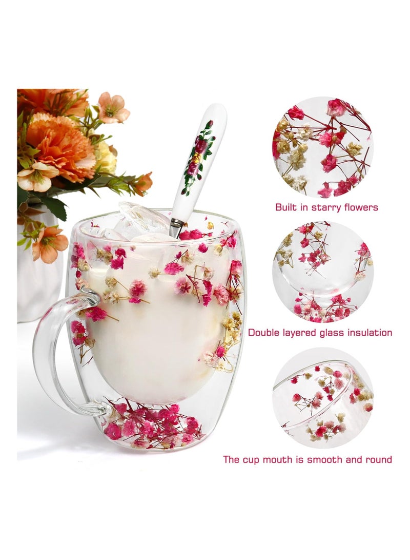 Double Walled Coffee Cups 350ml - Borosilicate Glass Mugs with Real Dry Flowers, Insulated Tea and Coffee Cups, Gift Set for Holiday and Valentine's Day (Multi-1) - Image 2
