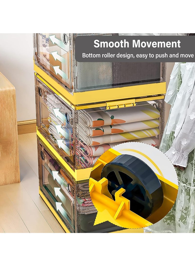 Plastic Storage Box, Foldable Storage Case With Latching Lids and Wheels, Stackable Organizer Container for Sundries, Books, Snacks, Toys (Yellow)