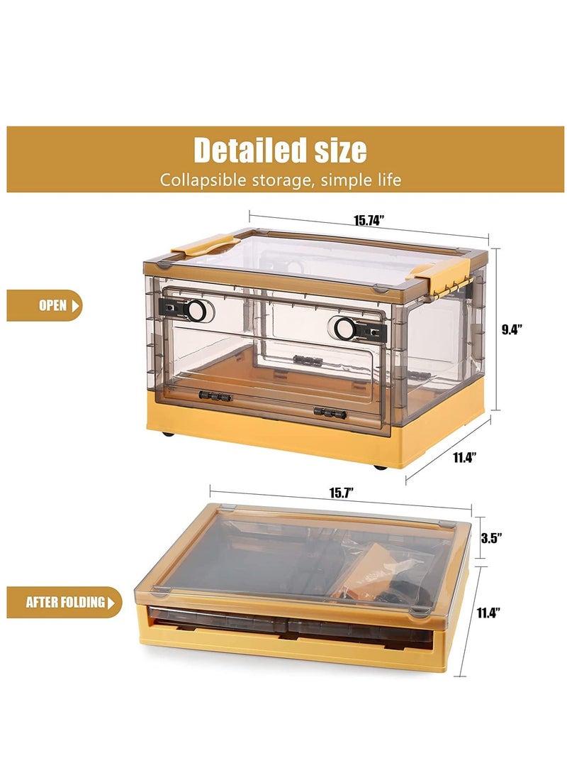 Plastic Storage Box, Foldable Storage Case With Latching Lids and Wheels, Stackable Organizer Container for Sundries, Books, Snacks, Toys (Yellow)