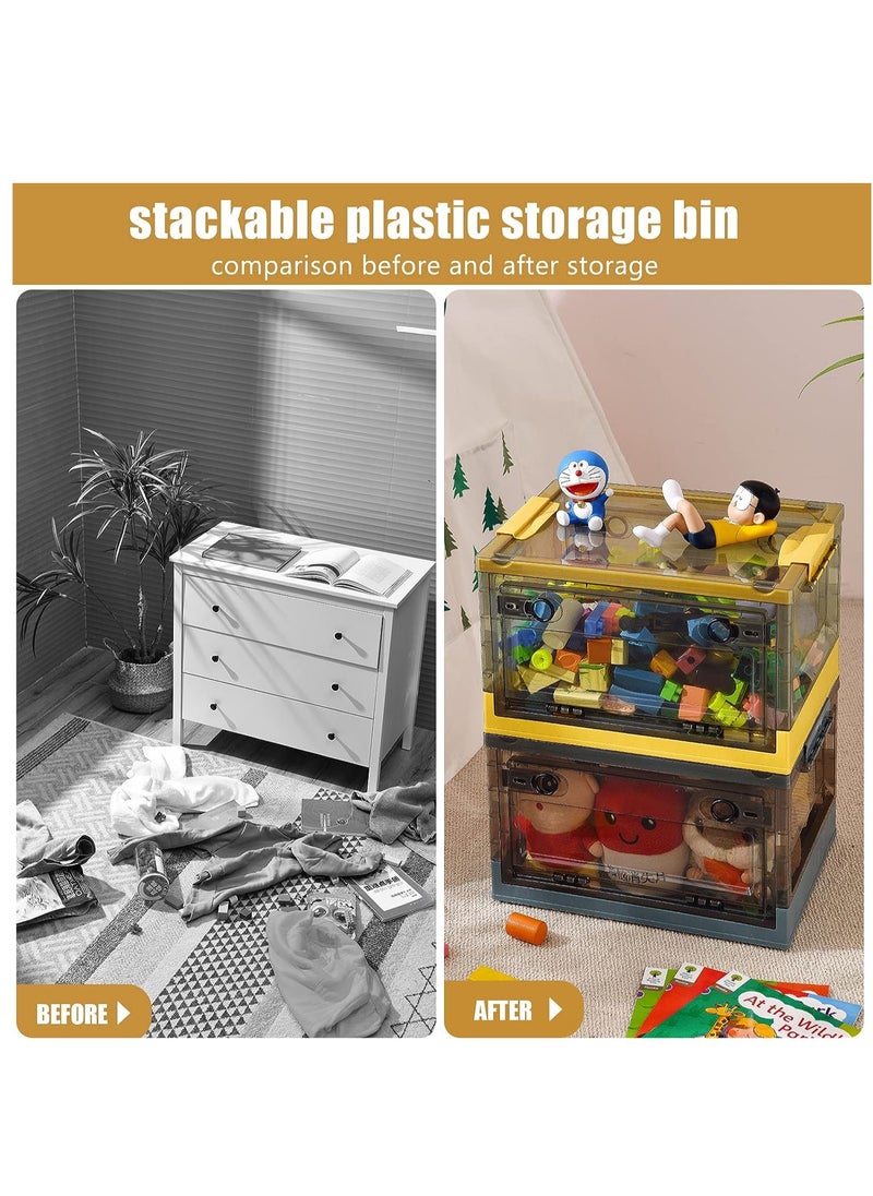 Plastic Storage Box, Foldable Storage Case With Latching Lids and Wheels, Stackable Organizer Container for Sundries, Books, Snacks, Toys (Yellow)