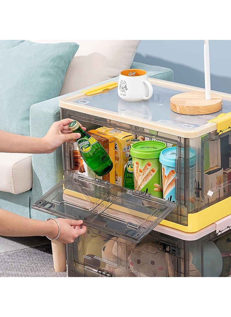 Plastic Storage Box, Foldable Storage Case With Latching Lids and Wheels, Stackable Organizer Container for Sundries, Books, Snacks, Toys (Yellow)