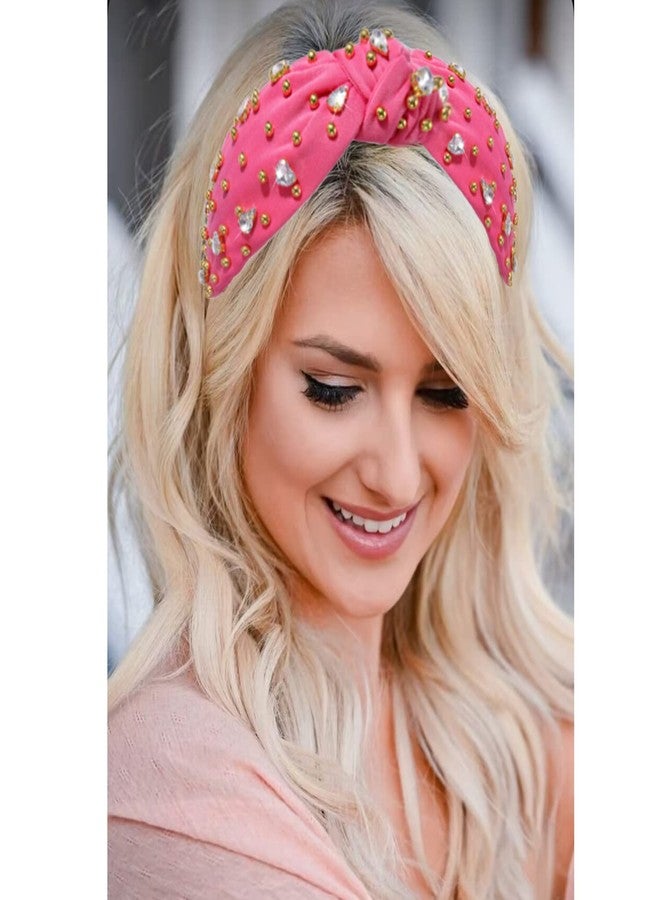 CEALXHENY Crystal Knotted Headbands for Women Sparkly Rhinestone Jeweled Headbands Wide Gold Beads Embellished Hairbands Summer Beach Hair Accessories (Rose Red) - Image 3