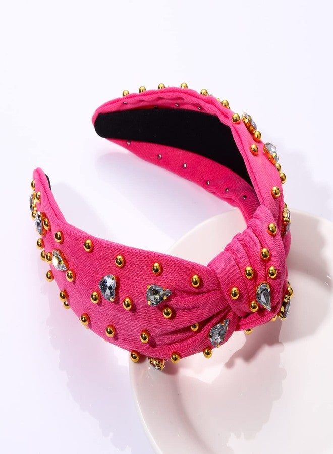 CEALXHENY Crystal Knotted Headbands for Women Sparkly Rhinestone Jeweled Headbands Wide Gold Beads Embellished Hairbands Summer Beach Hair Accessories (Rose Red) - Image 5