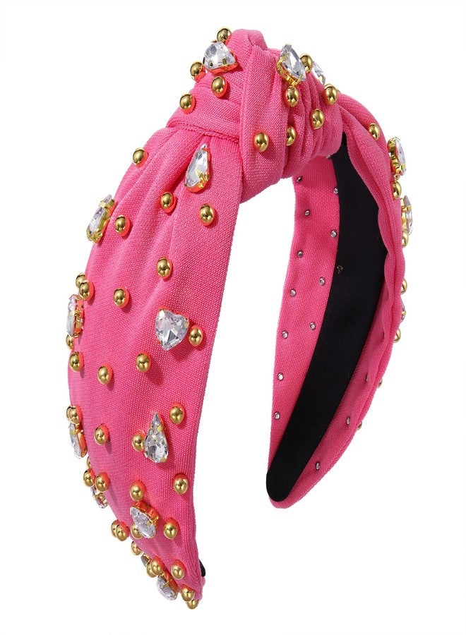 CEALXHENY Crystal Knotted Headbands for Women Sparkly Rhinestone Jeweled Headbands Wide Gold Beads Embellished Hairbands Summer Beach Hair Accessories (Rose Red) - Image 1