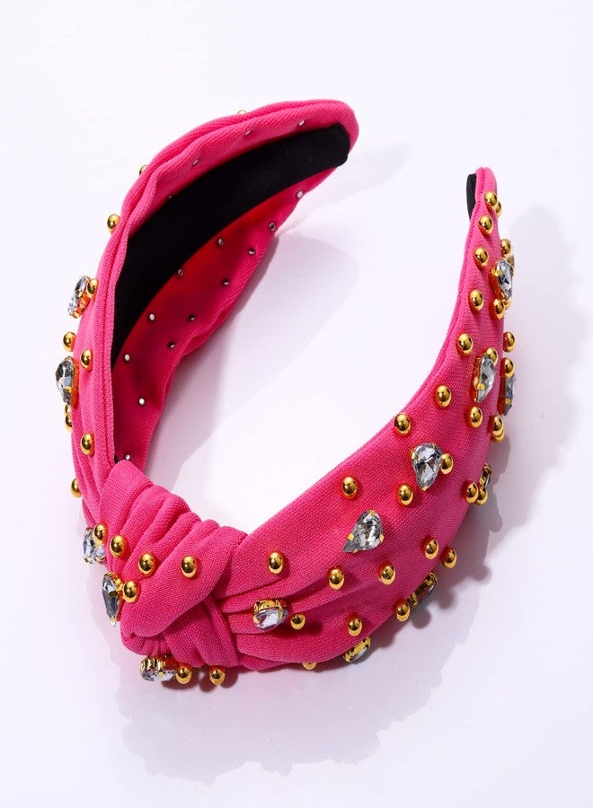 CEALXHENY Crystal Knotted Headbands for Women Sparkly Rhinestone Jeweled Headbands Wide Gold Beads Embellished Hairbands Summer Beach Hair Accessories (Rose Red) - Image 4