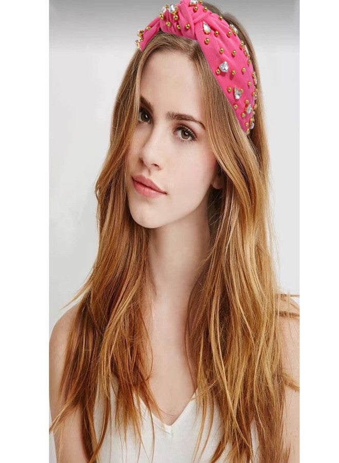 CEALXHENY Crystal Knotted Headbands for Women Sparkly Rhinestone Jeweled Headbands Wide Gold Beads Embellished Hairbands Summer Beach Hair Accessories (Rose Red) - Image 2