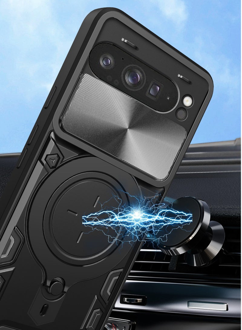 for Google Pixel 9 Pro XL Case, Slide Camera Lens Cover, Magnetic Ring Holder Kickstand Protective Phone Case for Google Pixel 9 Pro XL, Black - Image 4
