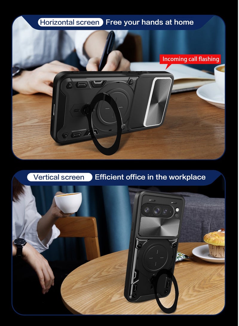 for Google Pixel 9 Pro XL Case, Slide Camera Lens Cover, Magnetic Ring Holder Kickstand Protective Phone Case for Google Pixel 9 Pro XL, Black - Image 2