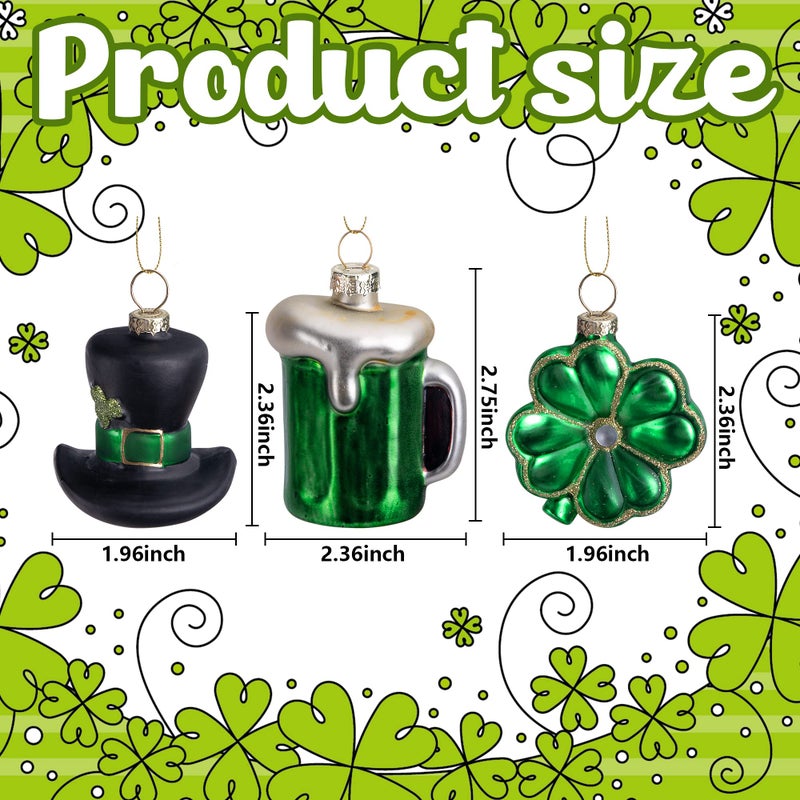 LFUTARI 9pc St.Patrick's Day Glass Ornaments, Ireland Green St.Patrick Shamrock Hat Beer Hanging Ornaments Pendant, Irish Tree Glass Blown Ornaments for Spring Irish Holiday Tree Party Decoration - Image 2