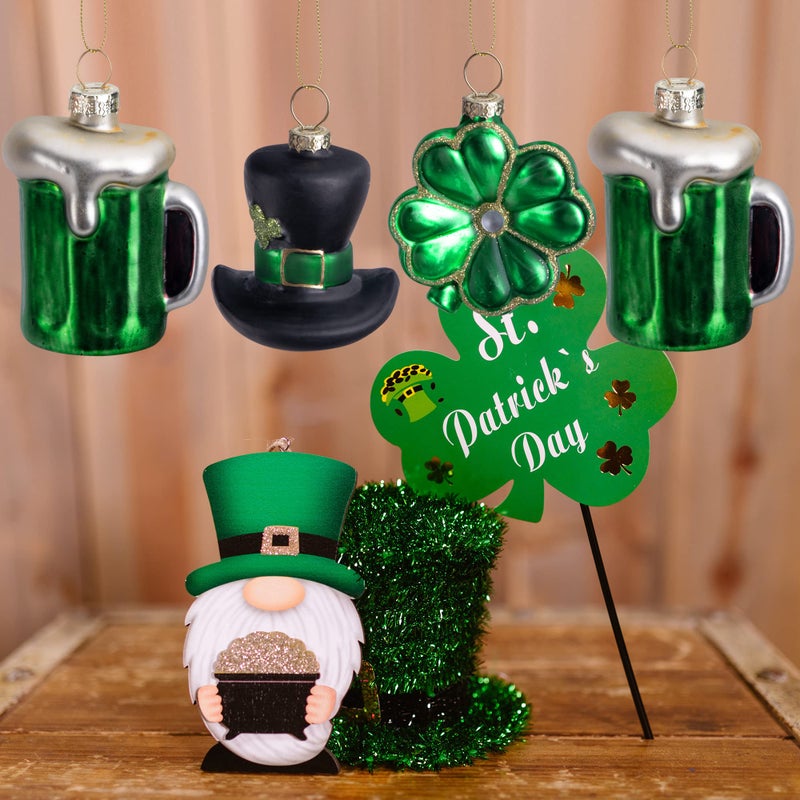LFUTARI 9pc St.Patrick's Day Glass Ornaments, Ireland Green St.Patrick Shamrock Hat Beer Hanging Ornaments Pendant, Irish Tree Glass Blown Ornaments for Spring Irish Holiday Tree Party Decoration - Image 4