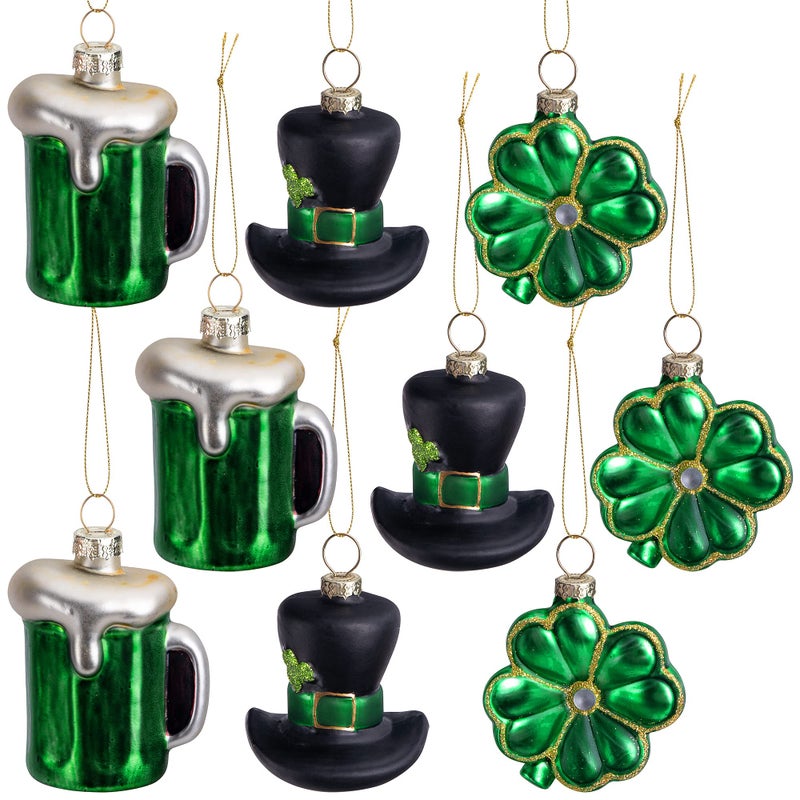 LFUTARI 9pc St.Patrick's Day Glass Ornaments, Ireland Green St.Patrick Shamrock Hat Beer Hanging Ornaments Pendant, Irish Tree Glass Blown Ornaments for Spring Irish Holiday Tree Party Decoration - Image 1