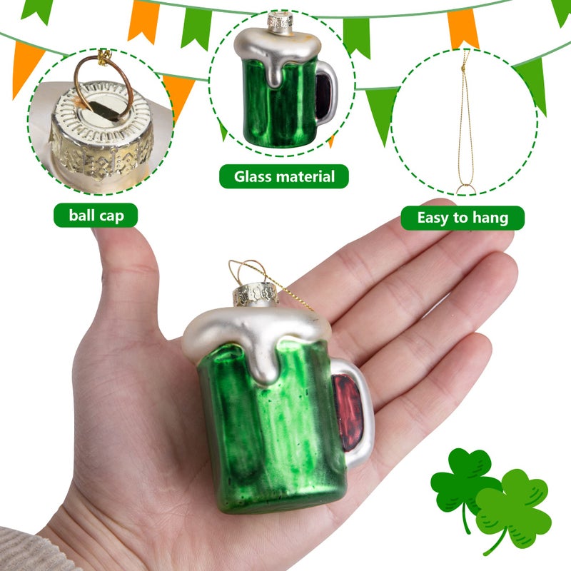 LFUTARI 9pc St.Patrick's Day Glass Ornaments, Ireland Green St.Patrick Shamrock Hat Beer Hanging Ornaments Pendant, Irish Tree Glass Blown Ornaments for Spring Irish Holiday Tree Party Decoration - Image 3