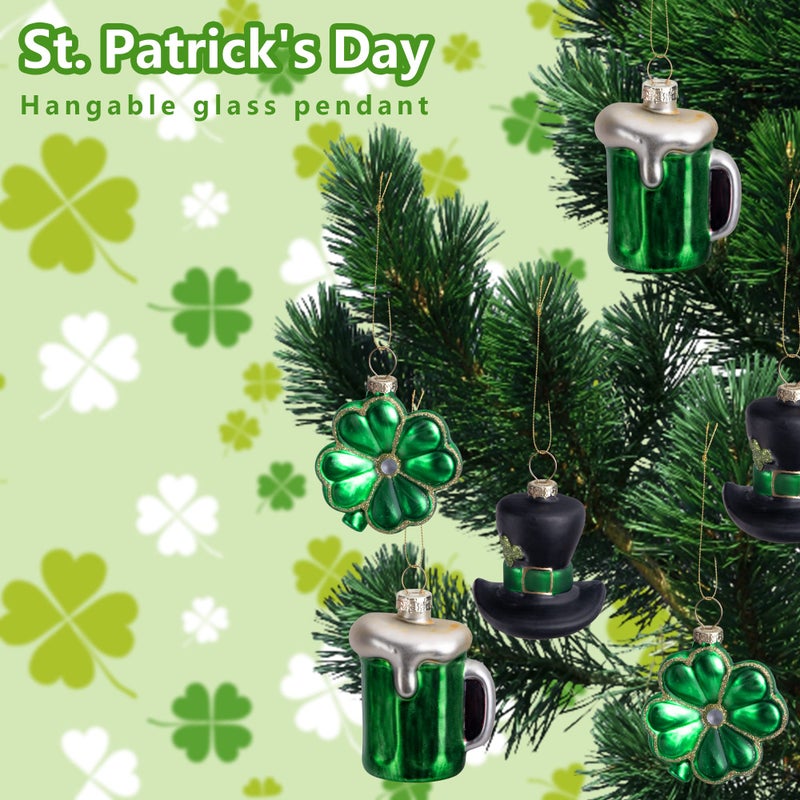 LFUTARI 9pc St.Patrick's Day Glass Ornaments, Ireland Green St.Patrick Shamrock Hat Beer Hanging Ornaments Pendant, Irish Tree Glass Blown Ornaments for Spring Irish Holiday Tree Party Decoration - Image 5