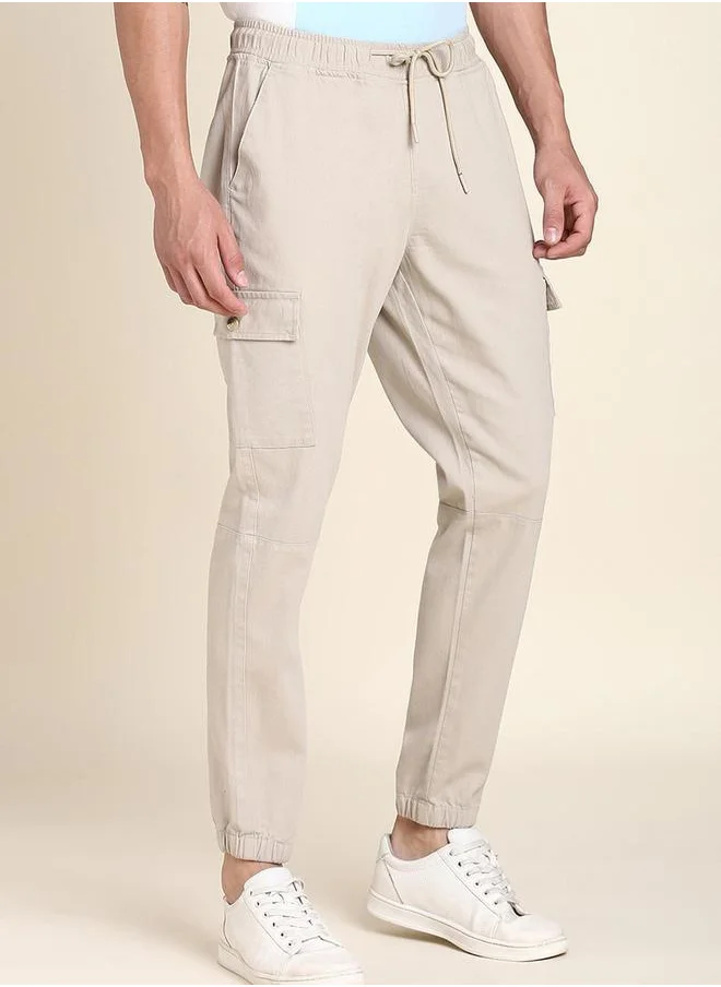 دينيس لينغو Beige Slim Fit Solid Trouser for Men - Cotton Blend, Full Length, Button & Zip, Mid Rise, Casual,
