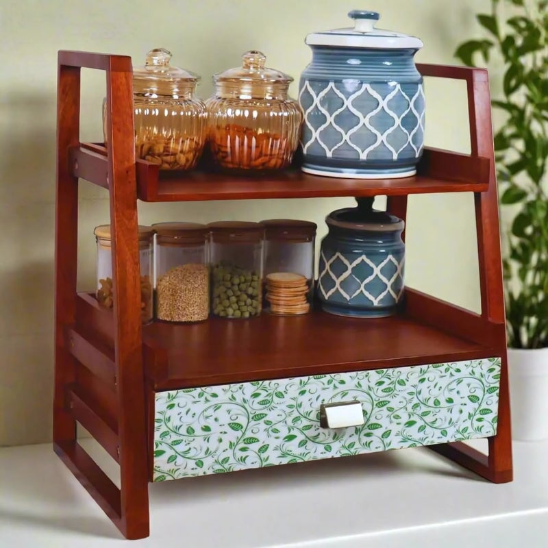 Loosebucket premium Greenvibes wooden kitchen OrganizerOrganizer with Drawer kitchen Storage RackSpice RackShelfWooden Organizer254D x 457W x 457H Centimeters Free Standing Step Shelf - Image 1