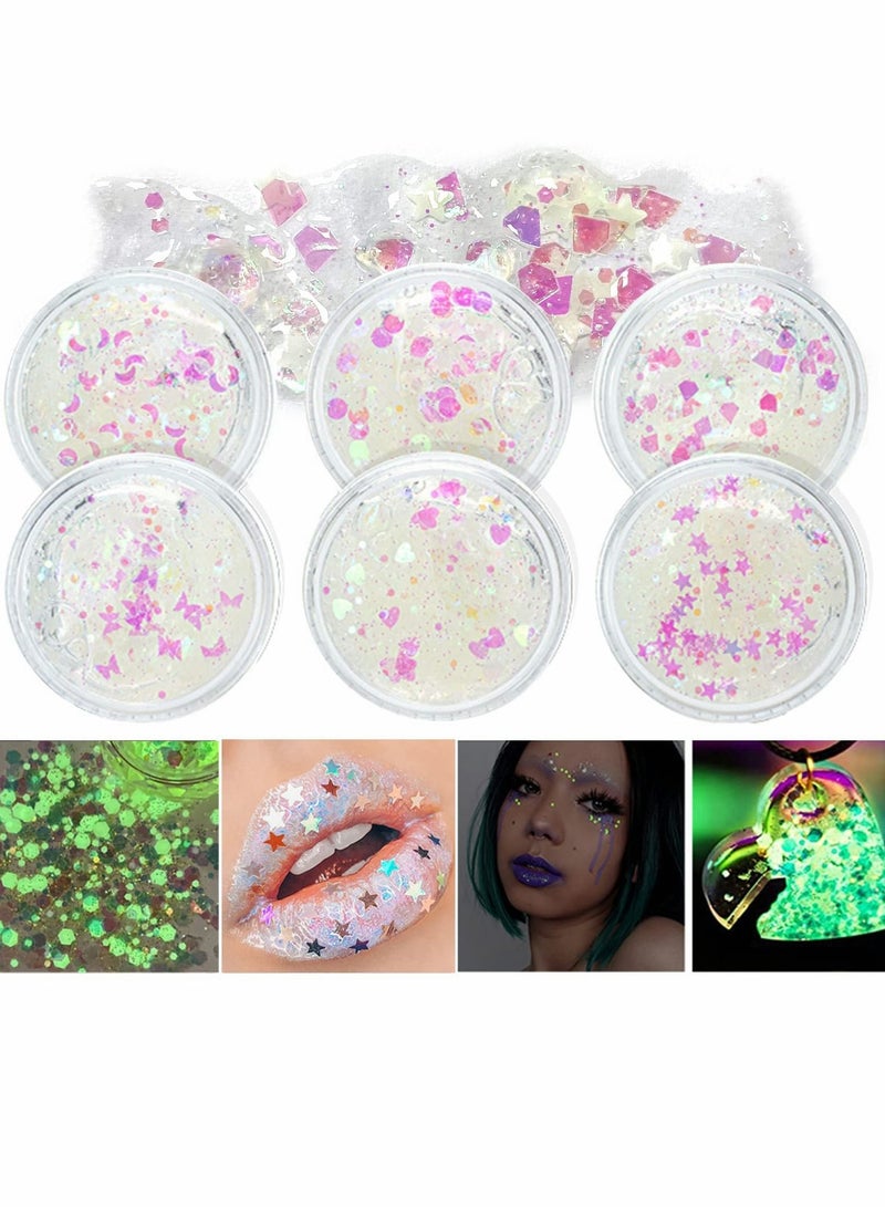 Excefore Luminous Body Glitter Gel, White Face Glitters Body Gel Sequins Noctiliucence, Chunky Glitter for Face Hair Nails, Holographic Cosmetic Laser Powder Festival Glitter Makeup Glow in The Dark - Image 1