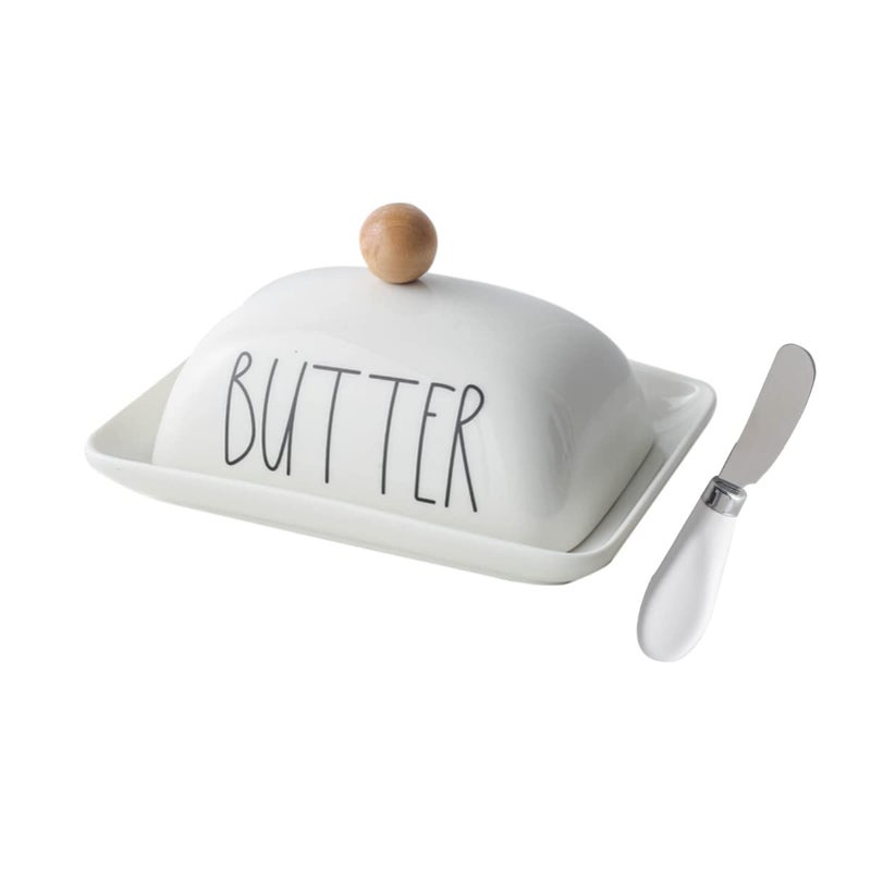 oskas Farmhouse Decorative Kitchen Countertop Porcelain Butter  Cream Cheese Dish with LidButter Keeper with Cover for East West Coast ButterWhite