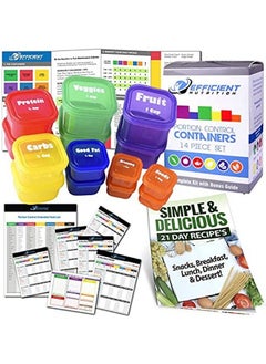 Portion Control Containers Deluxe Kit (14Piece) With Complete Guide + 21 Day Planner + Recipe Ebook Bpa Free Color Coded Meal Prep System For Diet And Weight Loss